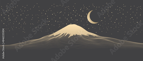 Vector abstract line art Mount Fuji Japan landmark, landscape mountain with night sky stars and moon isolated on dark grey black color background. Minimal luxury style.