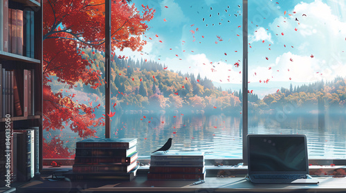 Aesthetic workspace with a large window facing a lake and mountain, a desk with a laptop and books, and a big bookcase, illustrated in anime style background wallpaper photo