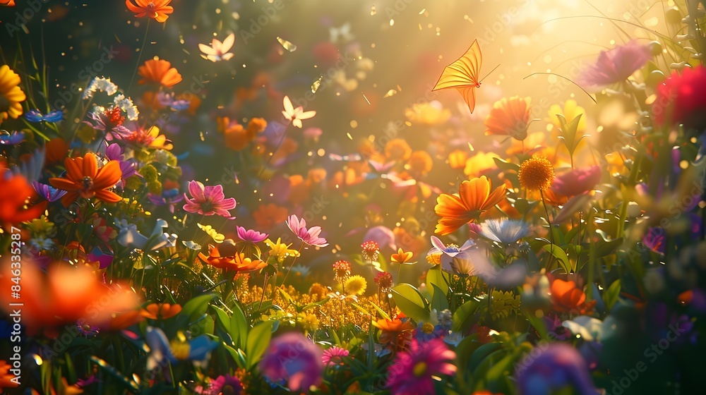 Joyful Meadow Picnic with Vibrant Flowers and Soaring Kites Joyful Meadow Picnic with Vibrant Flowers and Soaring Kites