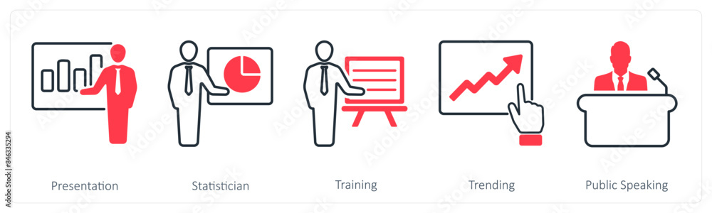 A set of 5 Mix icons as presentation, statistician, training A set of 5 Mix icons as presentation, statistician, training