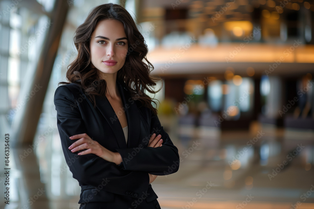 Young woman in black suit standing in modern lobby Young woman in black suit standing in modern lobby