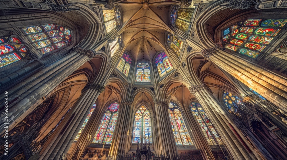 Depict the interior of a Gothic cathedral with stained glass windows, vaulted ceilings, and ornate columns. Depict the interior of a Gothic cathedral with stained glass windows, vaulted ceilings, and ornate columns.