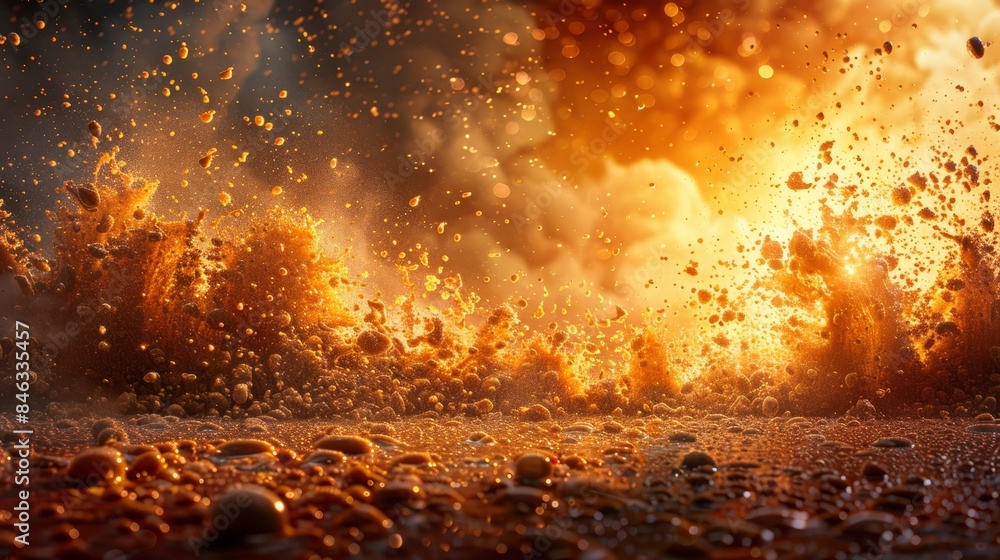 A fire hydrant pours water abundantly into a dirt field's expanse Sky lies behind A fire hydrant pours water abundantly into a dirt field's expanse Sky lies behind