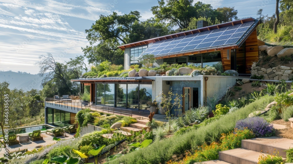 A modern, eco-friendly home with solar panels, green roofs, and a garden, set on a hillside. A modern, eco-friendly home with solar panels, green roofs, and a garden, set on a hillside.