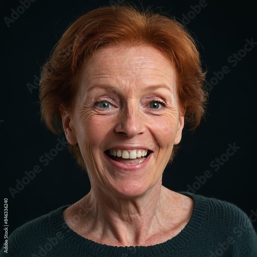 Фn older woman with red hair and fair skin. She smiles and looks directly into the camera. The woman is wearing a green sweater. The background of the photo is dark, which highlights the woman's face