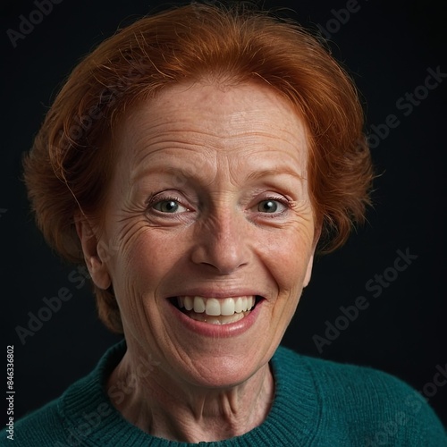 Фn older woman with red hair and fair skin. She smiles and looks directly into the camera. The woman is wearing a green sweater. The background of the photo is dark, which highlights the woman's face