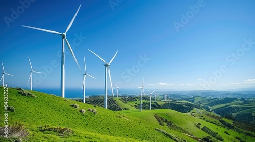 Wind turbines on a green hill, illustrating the growth of green energy and sustainable practices