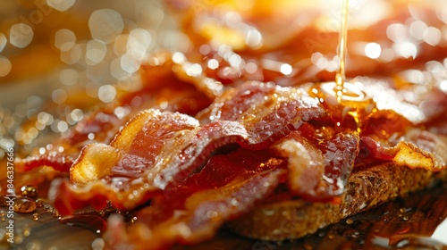  Bacon is drizzled on top of a slice of bread Syrup is drizzled separately on another slice photo