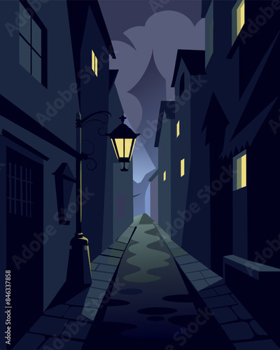 The pale glow of the gaslight gave the dark alley a ghostly feel as if someone or soing was watching from the shadows.. Vector illustration