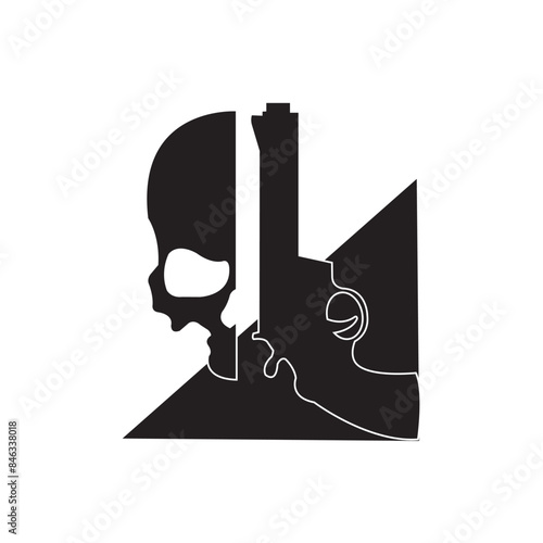 skull and gun in black, icon logo flat