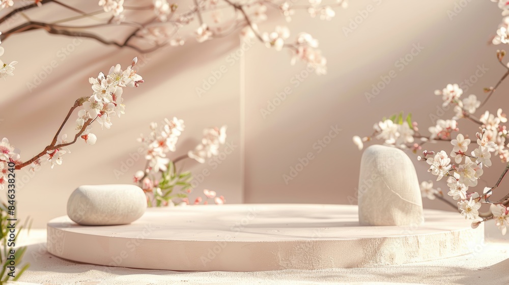 Rock arch product podium in a serene setting, featuring delicate blossoms and a pastel background, 3D rendered for a soft aesthetic Rock arch product podium in a serene setting, featuring delicate blossoms and a pastel background, 3D rendered for a soft aesthetic