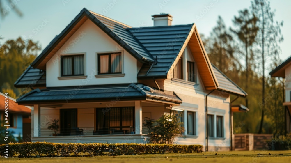 Modern suburban house bathed in the warm light of sunset. The house features a clean design with white walls, a dark roof, and large windows. Modern suburban house bathed in the warm light of sunset. The house features a clean design with white walls, a dark roof, and large windows.