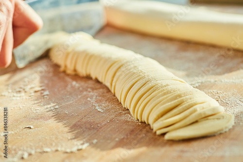 Step-by-step cooking process. Cut the dough into small strips. Making homemade noodles or pasta.