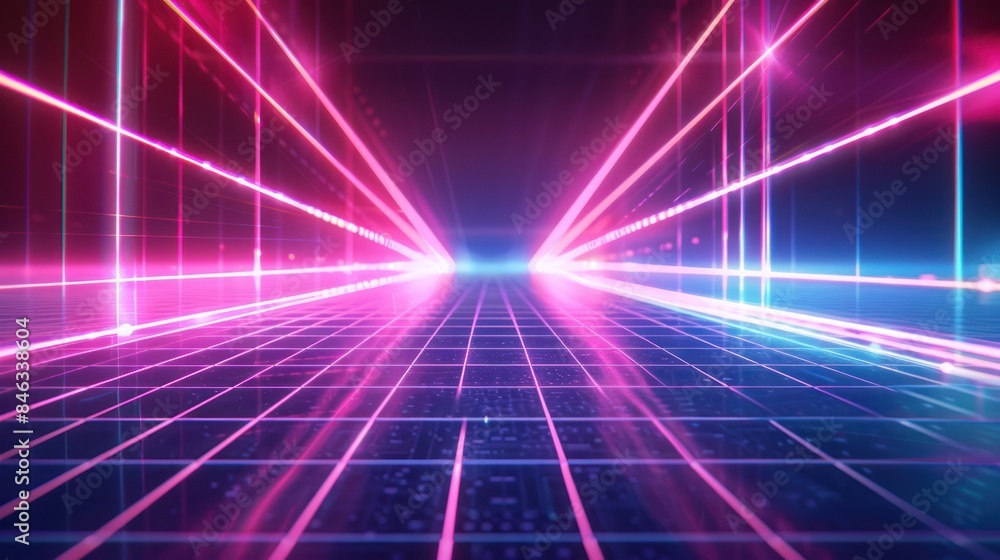 Generate a dynamic photo of neon-like blue and pink light beams casting a futuristic glow on a vintage grid floor backdrop. Generate a dynamic photo of neon-like blue and pink light beams casting a futuristic glow on a vintage grid floor backdrop.