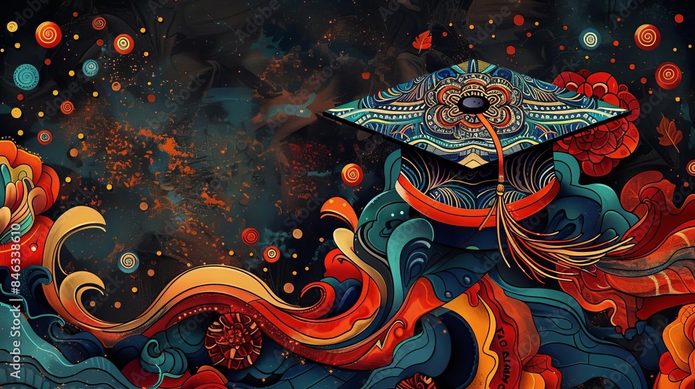 A vibrant and detailed illustration of a graduation cap adorned with intricate patterns and celebratory accessories in a digital medium A vibrant and detailed illustration of a graduation cap adorned with intricate patterns and celebratory accessories in a digital medium