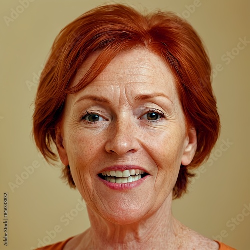 Smiling Mature Woman with Red Hair: Joyful Portrait of a Happy Senior Lady