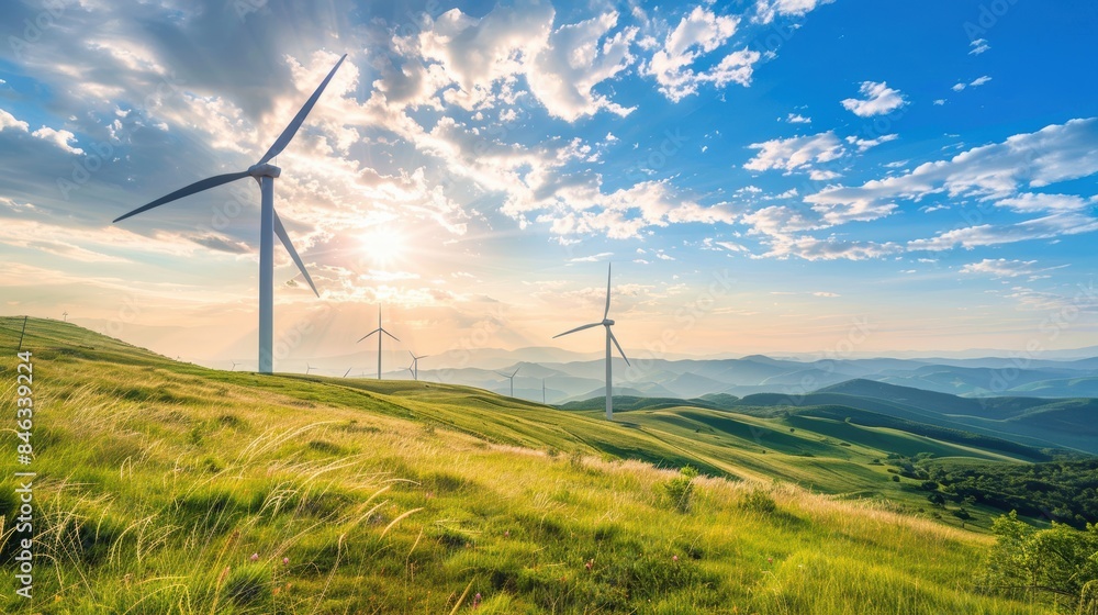Obraz premium Hilltop wind turbines, symbolizing green energy progress and the shift to low-carbon solutions