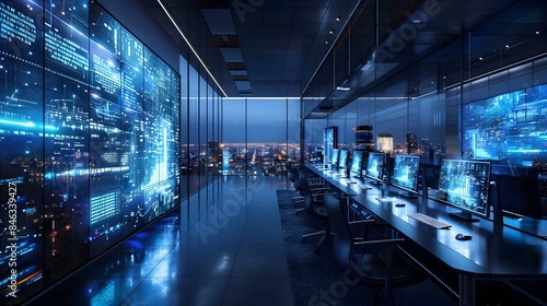 Futuristic high tech workspace blending practical elements and digital data visualizations