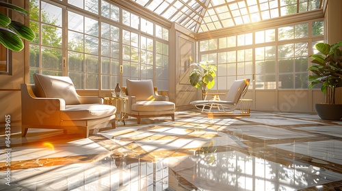 A sunroom with a chic, modern design, featuring stylish furniture, a glass ceiling, and sunlight casting bright patterns on the marble floor
