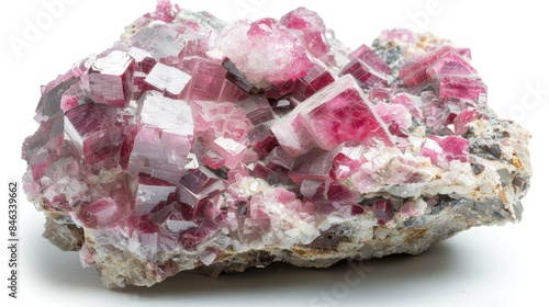 Close up of unpolished miaskite specimen showcasing pink cancrinite mineral from Southern Urals on white background photo
