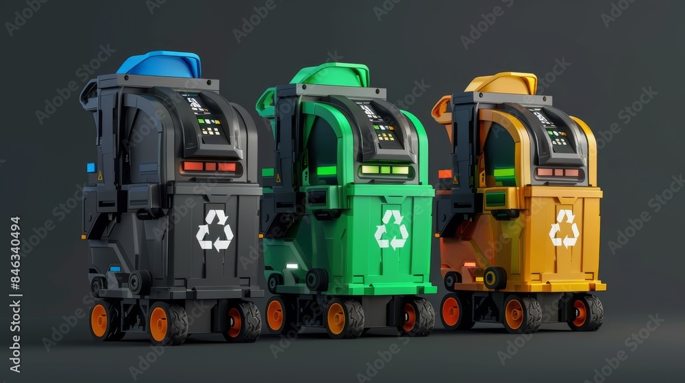Obraz premium Robotic waste collectors theme side view demonstrating automated collection digital tone triadic color scheme