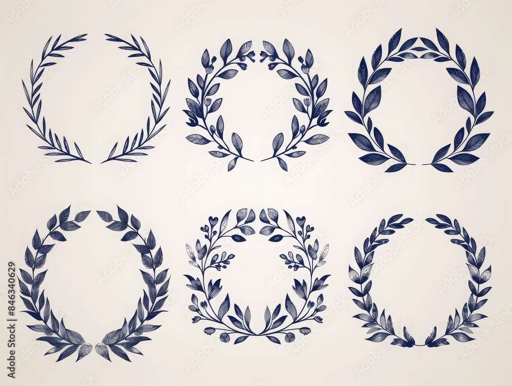 Obraz premium Set of hand drawn vector blue laurel wreaths.