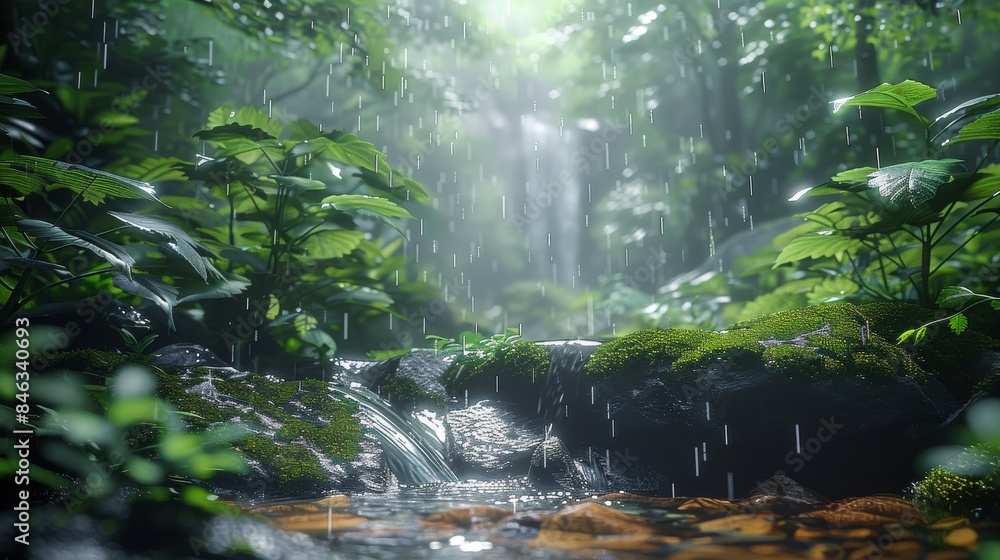 Jungle forest, misty rain is falling on moss covered rocks and tree trunks with green leaves. A small stream flows through it as sunlight filters through foliage creating soft light. Generative AI. Jungle forest, misty rain is falling on moss covered rocks and tree trunks with green leaves. A small stream flows through it as sunlight filters through foliage creating soft light. Generative AI.