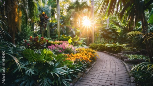 Generate an inviting photo showcasing the lush greenery of a botanical garden, with golden accents adding a touch of magic to the scene.  © Wattana