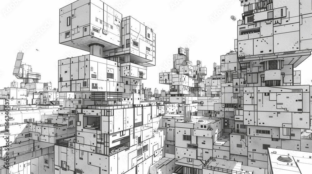 Obraz premium Abstract black and white illustration of futuristic brutalist city architecture