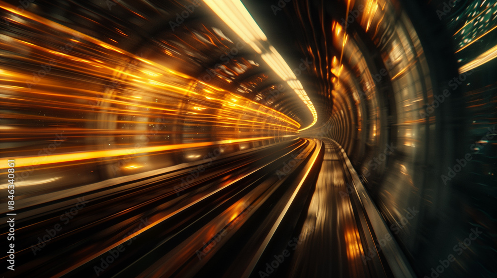 Blurry futuristic train speeding through a brightly lit tunnel Blurry futuristic train speeding through a brightly lit tunnel