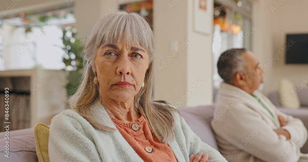 Home, portrait or fight of senior couple or argument, ignore or misunderstanding with conflict. Married people, woman and man with upset, angry wife or frustrated with silent treatment on sofa Home, portrait or fight of senior couple or argument, ignore or misunderstanding with conflict. Married people, woman and man with upset, angry wife or frustrated with silent treatment on sofa