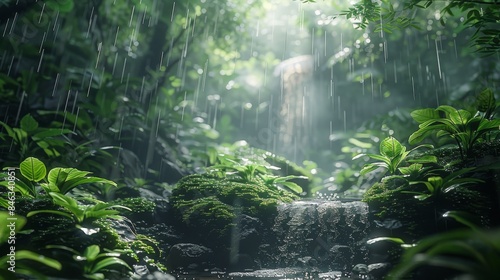 Jungle forest  misty rain is falling on moss covered rocks and tree trunks with green leaves. A small stream flows through it as sunlight filters through foliage creating soft light. Generative AI.