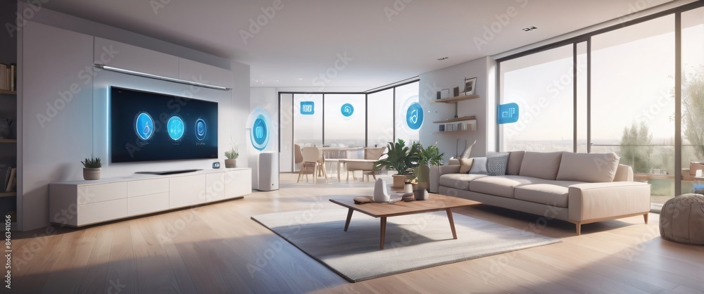 illustrate the concept of the Internet of Things with an image of a smart home, featuring various connected devices and appliances, shot from a low angle with a wide-angle lens illustrate the concept of the Internet of Things with an image of a smart home, featuring various connected devices and appliances, shot from a low angle with a wide-angle lens