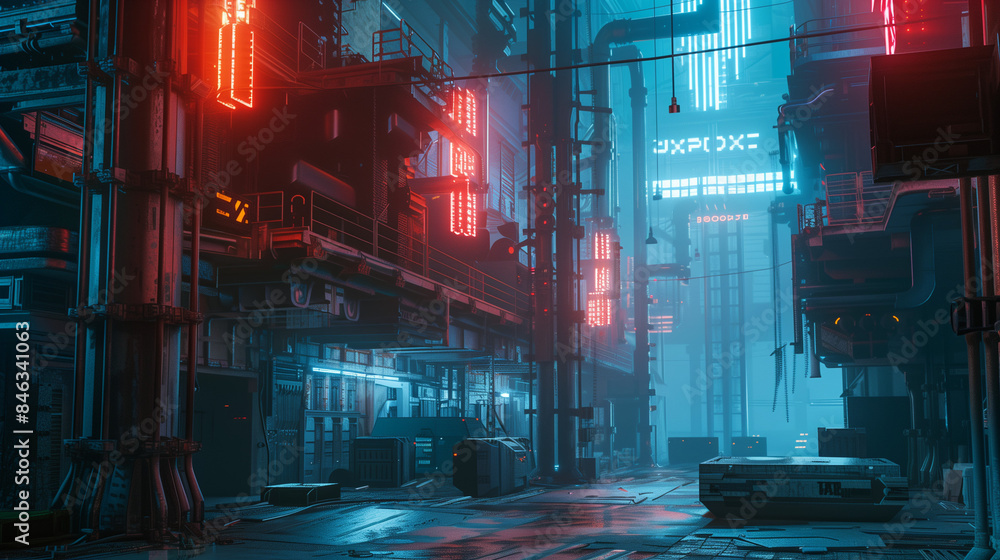 Obraz premium Cyberpunk city street with neon lights and industrial structures