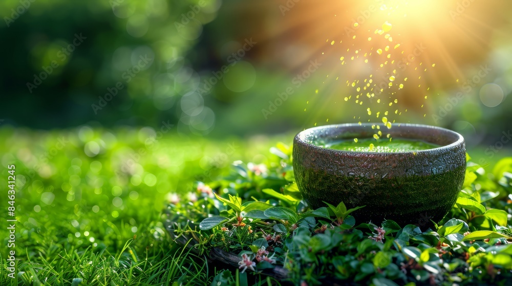 A bowl of sprinkles atop a verdant lawn before the sun A bowl of sprinkles atop a verdant lawn before the sun