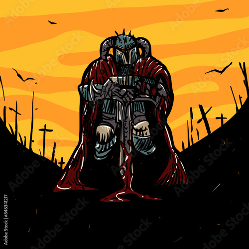 Knight in war cemetery Vector Illustration