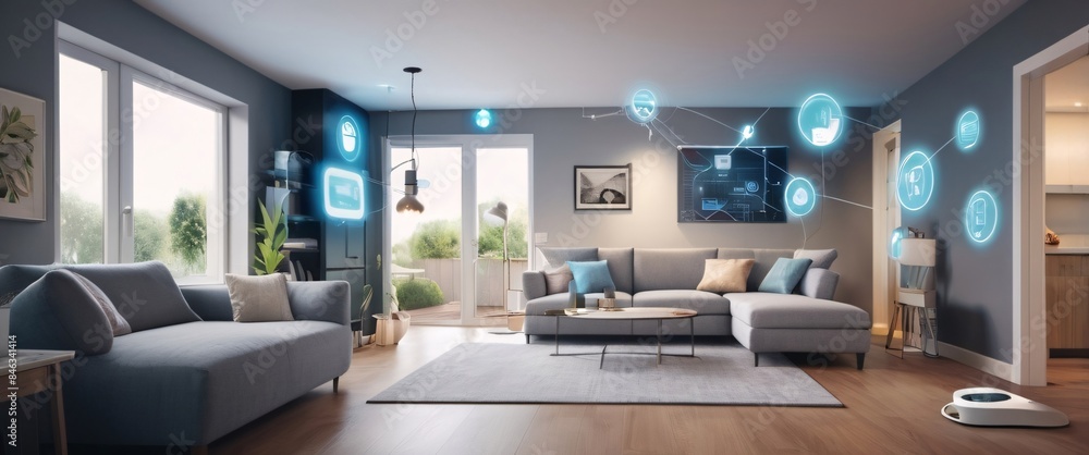 illustrate the concept of the Internet of Things with an image of a smart home, featuring various connected devices and appliances, shot from a low angle with a wide-angle lens illustrate the concept of the Internet of Things with an image of a smart home, featuring various connected devices and appliances, shot from a low angle with a wide-angle lens