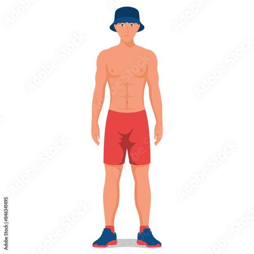 Muscular athlete with athletic torso. Healthy lifestyle and body care. The young man is physically developed. Vector illustration flat design. Isolated on white background.