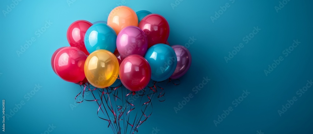 A joyful ensemble of balloons in a kaleidoscope of colors floats against a clear blue sky A joyful ensemble of balloons in a kaleidoscope of colors floats against a clear blue sky