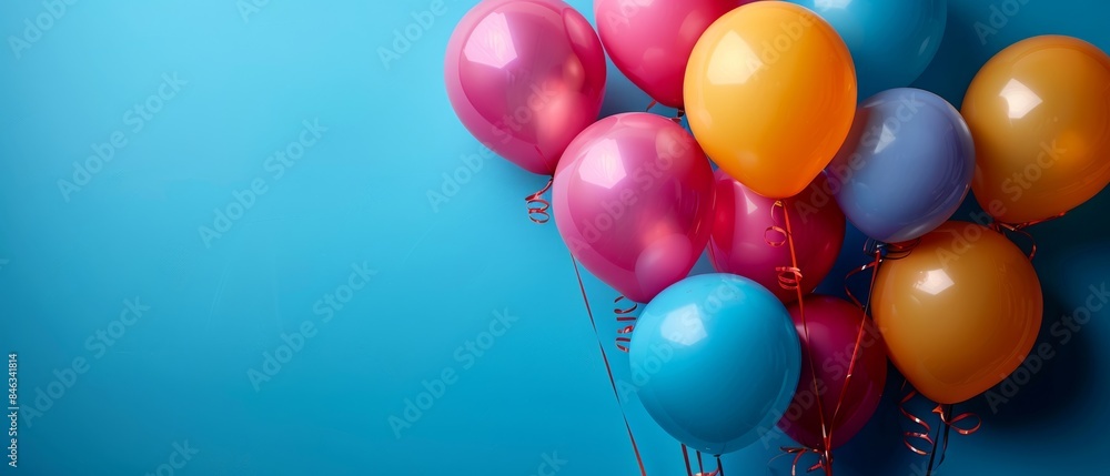 A joyful ensemble of balloons in a kaleidoscope of colors floats against a clear blue sky A joyful ensemble of balloons in a kaleidoscope of colors floats against a clear blue sky