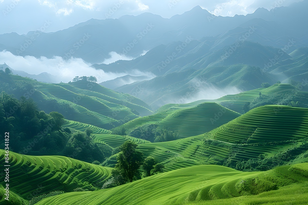 Fototapeta premium Stunning Terraced Rice Fields in Misty Mountain Landscape for Nature, Travel, and Print