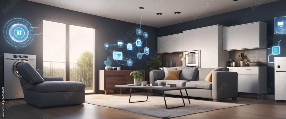 illustrate the concept of the Internet of Things with an image of a smart home, featuring various connected devices and appliances, shot from a low angle with a wide-angle lens illustrate the concept of the Internet of Things with an image of a smart home, featuring various connected devices and appliances, shot from a low angle with a wide-angle lens