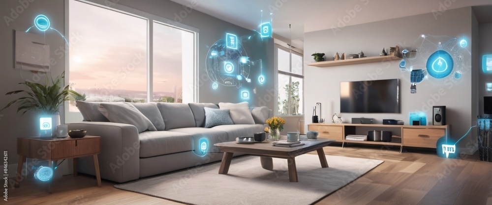 illustrate the concept of the Internet of Things with an image of a smart home, featuring various connected devices and appliances, shot from a low angle with a wide-angle lens illustrate the concept of the Internet of Things with an image of a smart home, featuring various connected devices and appliances, shot from a low angle with a wide-angle lens