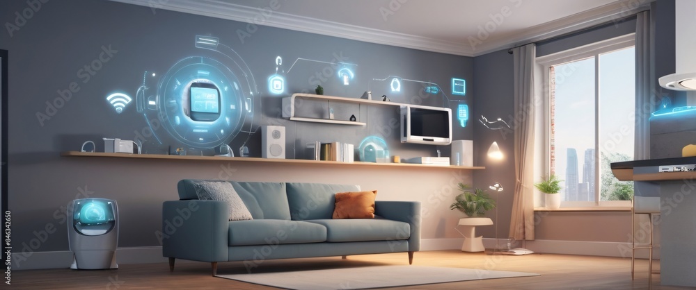 illustrate the concept of the Internet of Things with an image of a smart home, featuring various connected devices and appliances, shot from a low angle with a wide-angle lens illustrate the concept of the Internet of Things with an image of a smart home, featuring various connected devices and appliances, shot from a low angle with a wide-angle lens