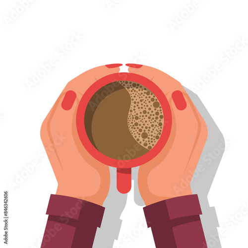 Woman holds a cup of coffee in palms. Hot drink. Coffee time, break. Vector illustration flat design. Isolated on white background.