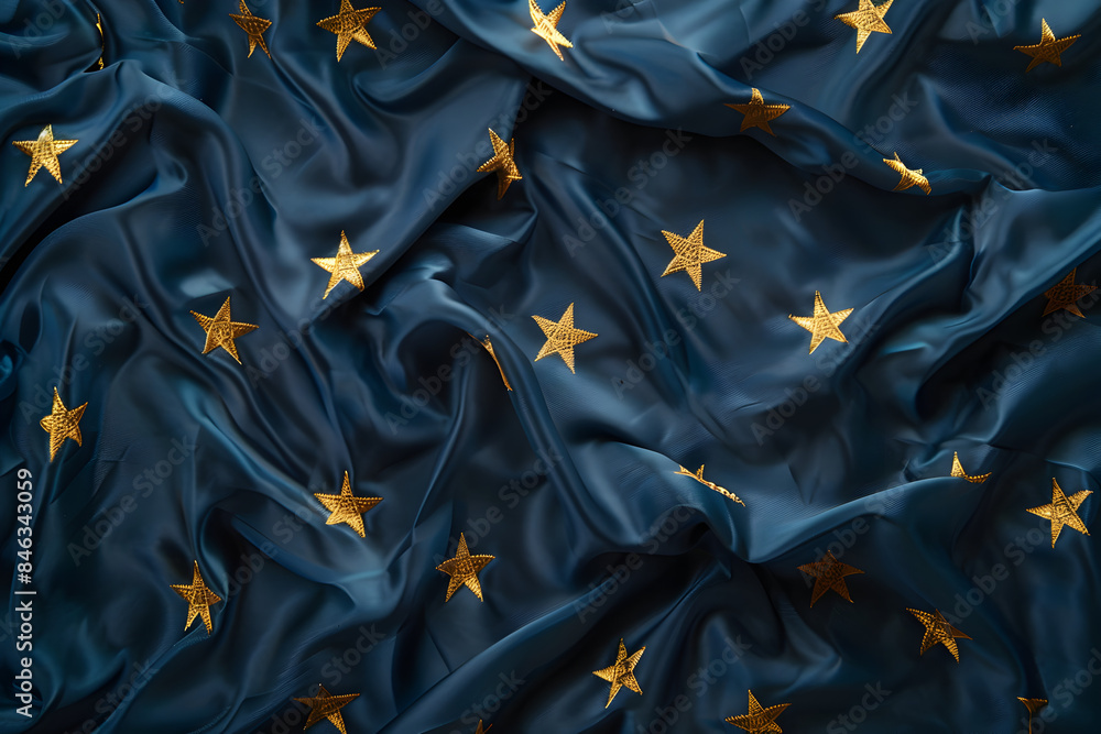 Top view of the twelve yellow stars of a European Union blue flag, made of satin fabric. Top view of the twelve yellow stars of a European Union blue flag, made of satin fabric.