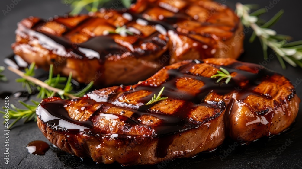 Two meat pieces, smothered in sauce, adorned with a rosemary sprig atop a black platter Two meat pieces, smothered in sauce, adorned with a rosemary sprig atop a black platter