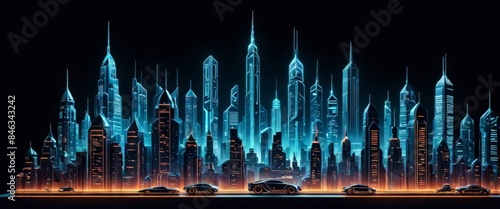 A captivating night scene of a futuristic city with towering skyscrapers illuminated by blue neon lights. Sleek, advanced architecture and a row of futuristic cars in the foreground create a dynamic