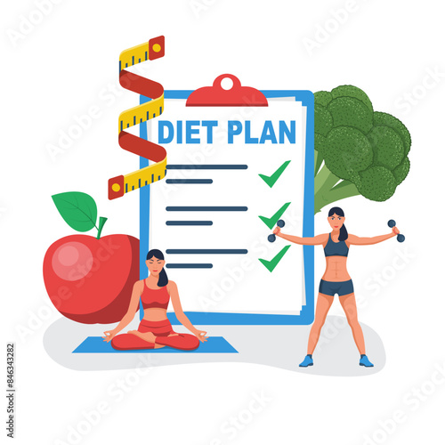 Diet plan checklist. Workouts and healthy eating. Sports activities. Planning a diet with fruit and vegetables. Healthy lifestyle, fitness yoga. Nutrition for weight loss. Vector illustration.