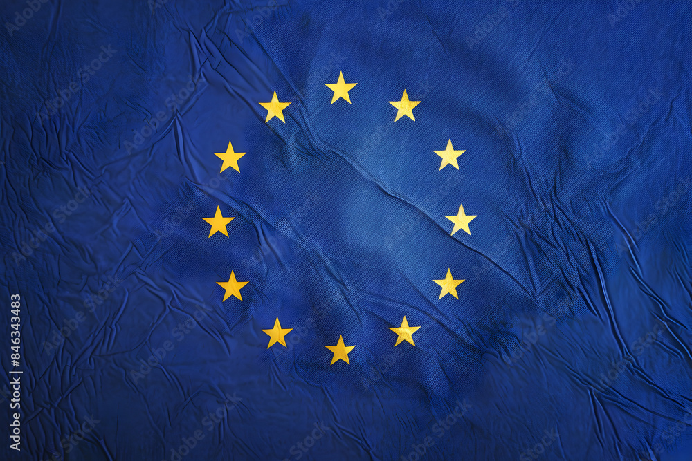 Top view of the twelve yellow stars of a European Union blue flag, made of satin fabric. Top view of the twelve yellow stars of a European Union blue flag, made of satin fabric.
